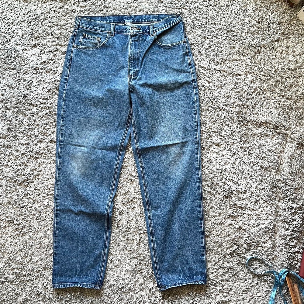 Carhartt Relaxed Fit Tapered Leg Jeans Mens 40x36 Blue Denim B17 DST Distressed